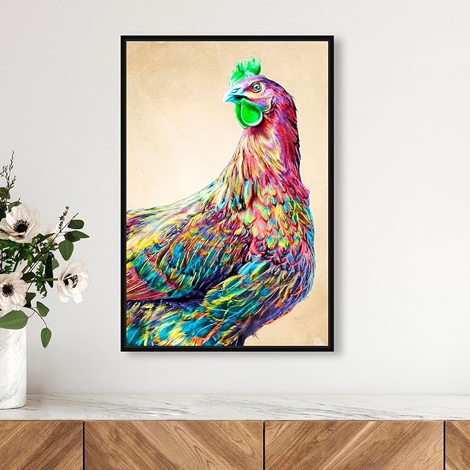 Country Farmhouse Canvas Print Painting Animal Wall Art 'Fun Colorful Glam Rooster' Black Framed Canvas Rustic Home Décor 16x24 in Pink, Green by Oliver Gal