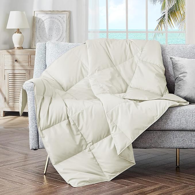 puredown® Soft Feather Down Throw Blanket Lightweight Packable Couch Throw for Indoor and Outdoor Use, Throw 50"X70", Ivory