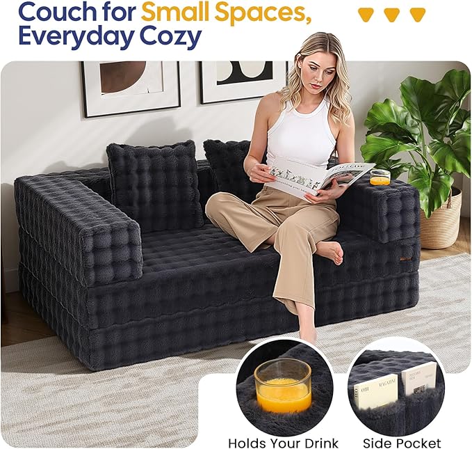 COMAX Futon Sofa Bed, 4‑in‑1 Convertible Sofa Bed, Folding Boneless Couches for Living Room, Fold Out Small Foldable Loveseat Floor Sleeper Comfy Mattress Lounge Space‑Saving, Ash Gray