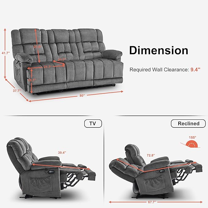 MCombo Zero Gravity Power Recliner Sofa with Drop Down Table, Heat and Vibration Massage, 3 Seater Dual Reclining Couch with USB Ports, Cup Holders for Living Room, Fabric RS6236 (Grey)