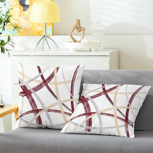 CaliTime Throw Pillow Cases Pack of 2 Cozy Fleece Arc-Shaped Abstract Geometric Lines Decorative Cushion Covers for Couch Bed Sofa Farmhouse Decoration 22 X 22 Inches Burgundy Dusty Pink Grey