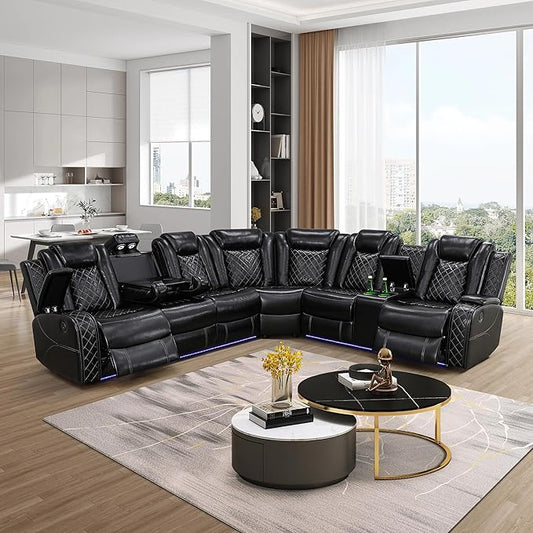 Power Reclinier Sectional Sofa,Black Leather Reclining Sectional Modular Sofa,L Shaped Leather Couch with LED Lights/USB Charger/Cup Holders/Storage Console/Storage Armrest/Coffee Table(L)