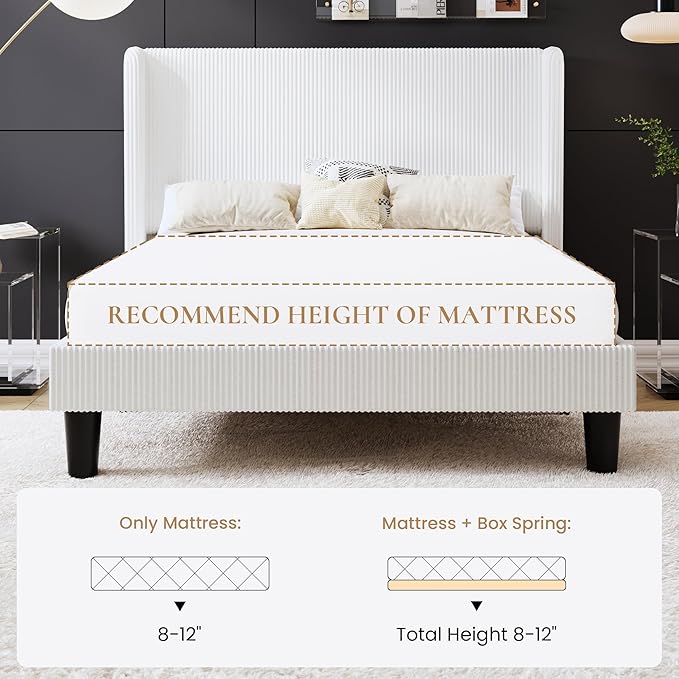 SHA CERLIN Full Size Corduroy Upholstered Platform Bed Frame with Vertical Channel Tufted Wingback Headboard, 8" Under Bed Storage, Wooden Slats & Metal Frame Support, Easy Assembly, White