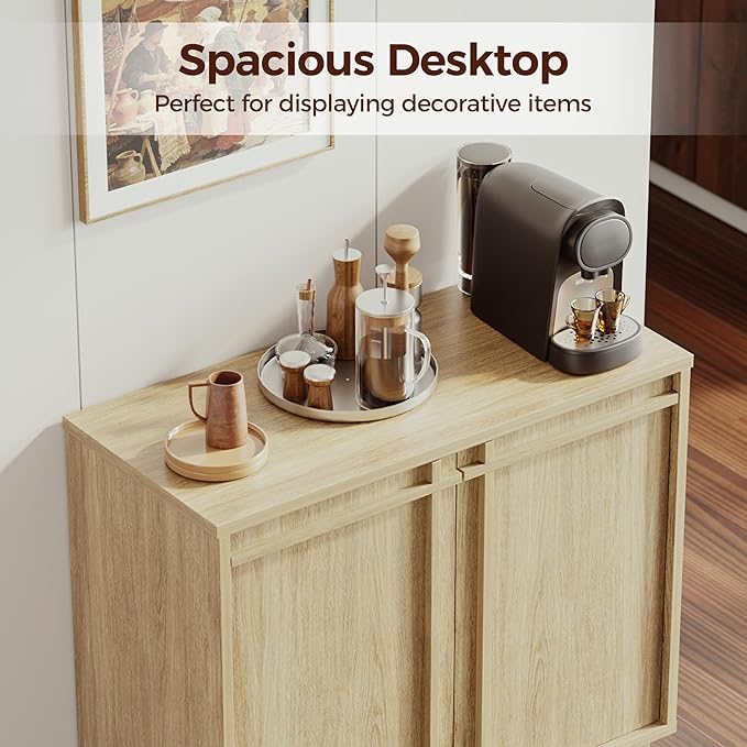 Sideboard Buffet Cabinet with Storage, 2 Doors, Adjustable Shelves, Wooden Mid Century Coffee Bar Cabinet for Entryway, Living Room, Kitchen, Natural
