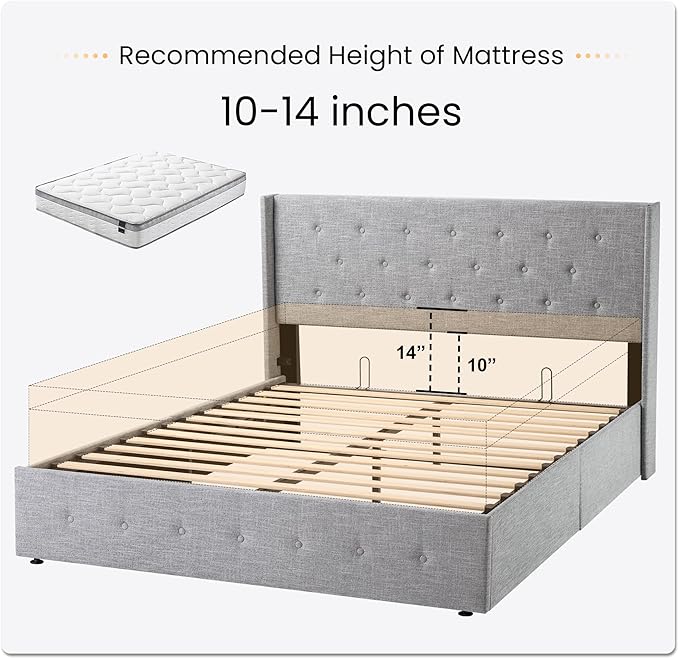 SHA CERLIN Full Size Lift Up Storage Bed Frame,Button Tufted Wingback Headboard,Upholstered Platform,Hydraulic Storage,Wooden Slat Support,No Box Spring,Light Grey