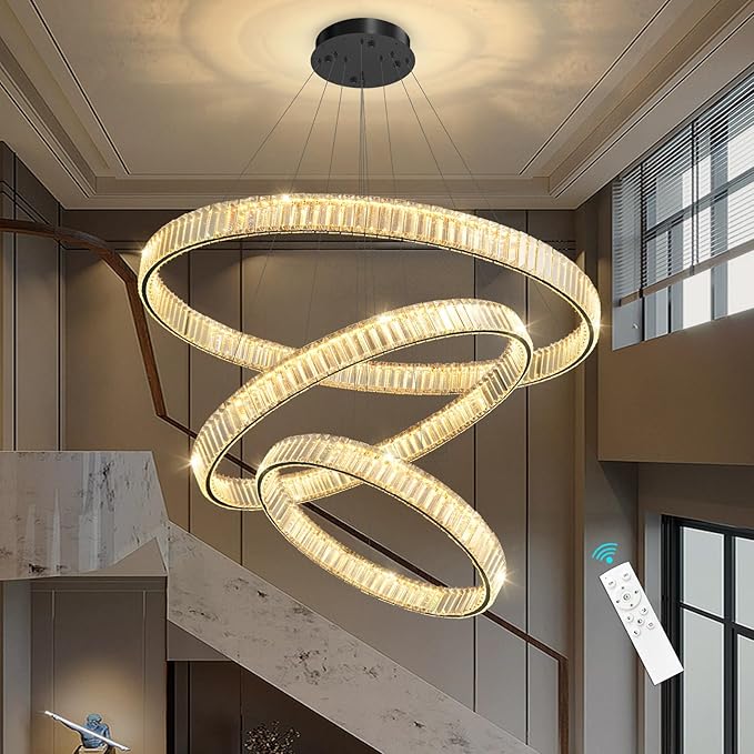 24''+32''+40'' Modern Ring Chandelier Crystal Chandeliers for Dining Room Round LED Dimmable Ceiling Light Fixture for Living Room Bedroom Lighting Black