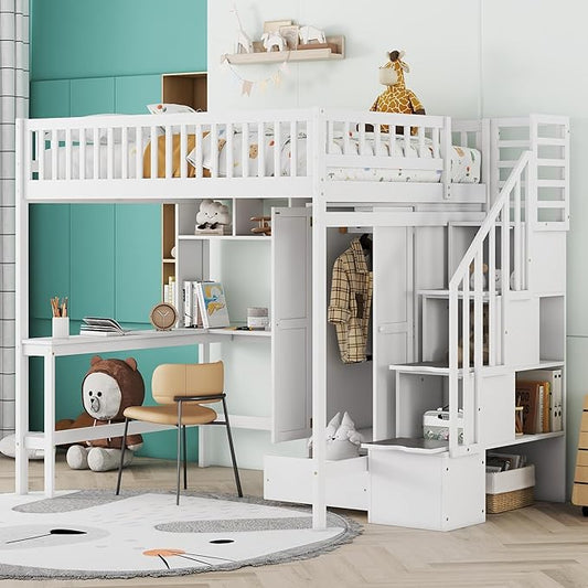 Full Loft Beds Stairway Loft Bed Frame with Wardrobe, Desk, Bookshelf and Drawers, White