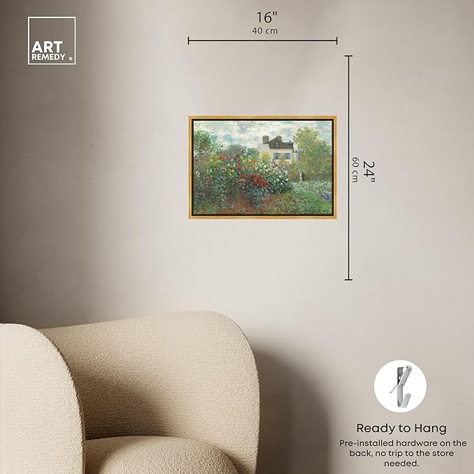 Art Remedy Monet-Garden With Dahlias Impressionism Classic Landscape Paintings Canvas Wall Art, Gold Floater Frame, 16"x24"