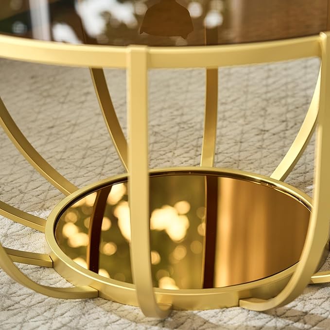 Saint Mossi Glass Round Coffee Table for Living Room, Modern 2-Tier Gold Drum Center Table, Brown Glass Top, Brown Mirror Shelf and Gold Frame, W30xH16.5