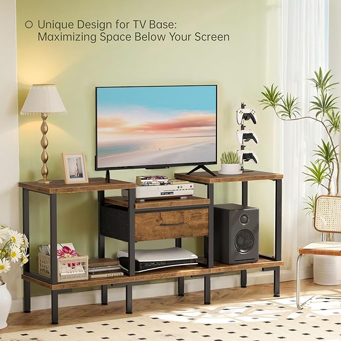 GYIIYUO LED TV Stand with Power Outlet and Fabric Drawer for 55 50 45 Inches TV - Entertainment Center and Industrial TV Console Table for Living Room, Bedroom- 47" Rustic Brown
