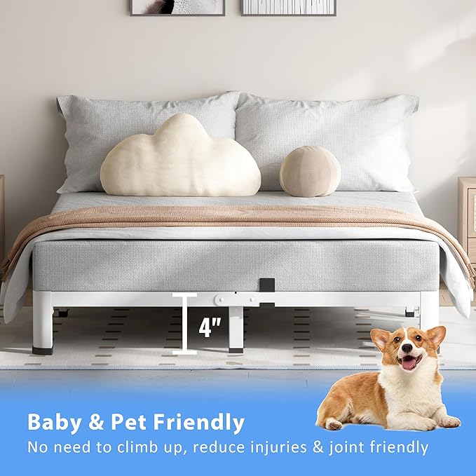 4 Inch White Queen Bed Frame, 3500Lbs Heavy Duty Metal Platform with Round Corner Legs Mattress Slide Stopper, Steel Slat Support No Box Spring Needed, Noise Free, Non-Slip, Easy Assembly