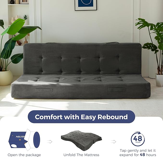MAXYOYO 8" Foldable Floor Sofa Bed, Tufted Foldable Couch Bed Thick Folding Mattress with Handles, Versatile Folding Sofa Couch for Floor Sleeping, Living Room & Guest Room, Dark Grey