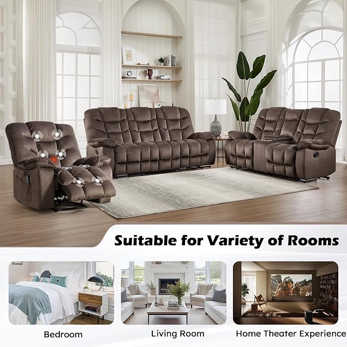 HAOMARKETS 3-Seat Manual Reclining Sofa Set of 2, Soft Fabric Recliner Couch with Padded Headrest and Armrests, 85" Wide Overstuffed 3-Seater Recliner Couches for Living Room, Brown