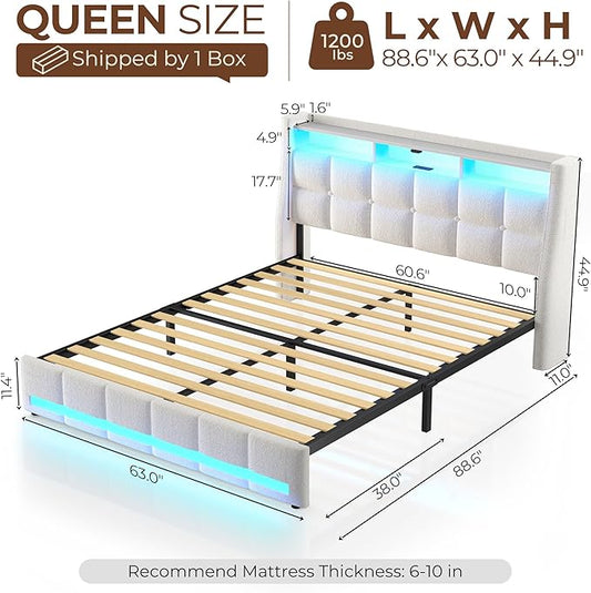 Rolanstar Queen Size Bed Frame with LED Lights and Charging Station, Upholstered Headboard with 2-Tier Storage Shelves, Heavy Duty Metal Frame, Noise-Free Support, Easy Assembly, No Box Spring Needed