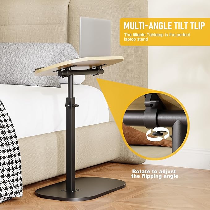 C Shaped End Side Table with Anti-Drop Rod, Adjustable Height & 360° Swivel Snack Table for Couch, Sofa, Bedroom, Living Room, TV Tray Table for Eating, Dinner or Laptop, Small Spaces, Wood