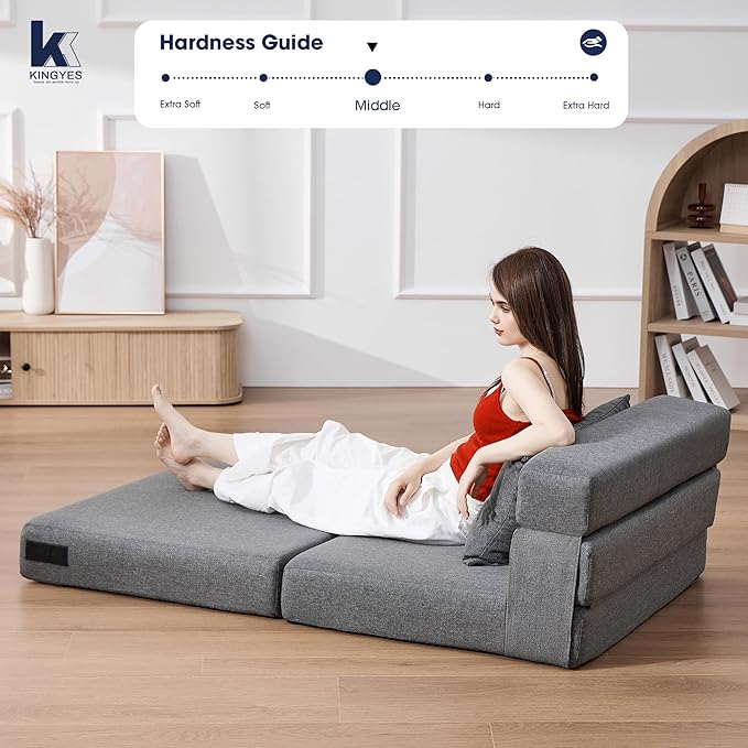 KINGYES 3 in 1 Foldable Chair Bed, Folding Sleeper Chair with Back Cushion, Convertible Chair Bed Sleeper for Adults, Gray