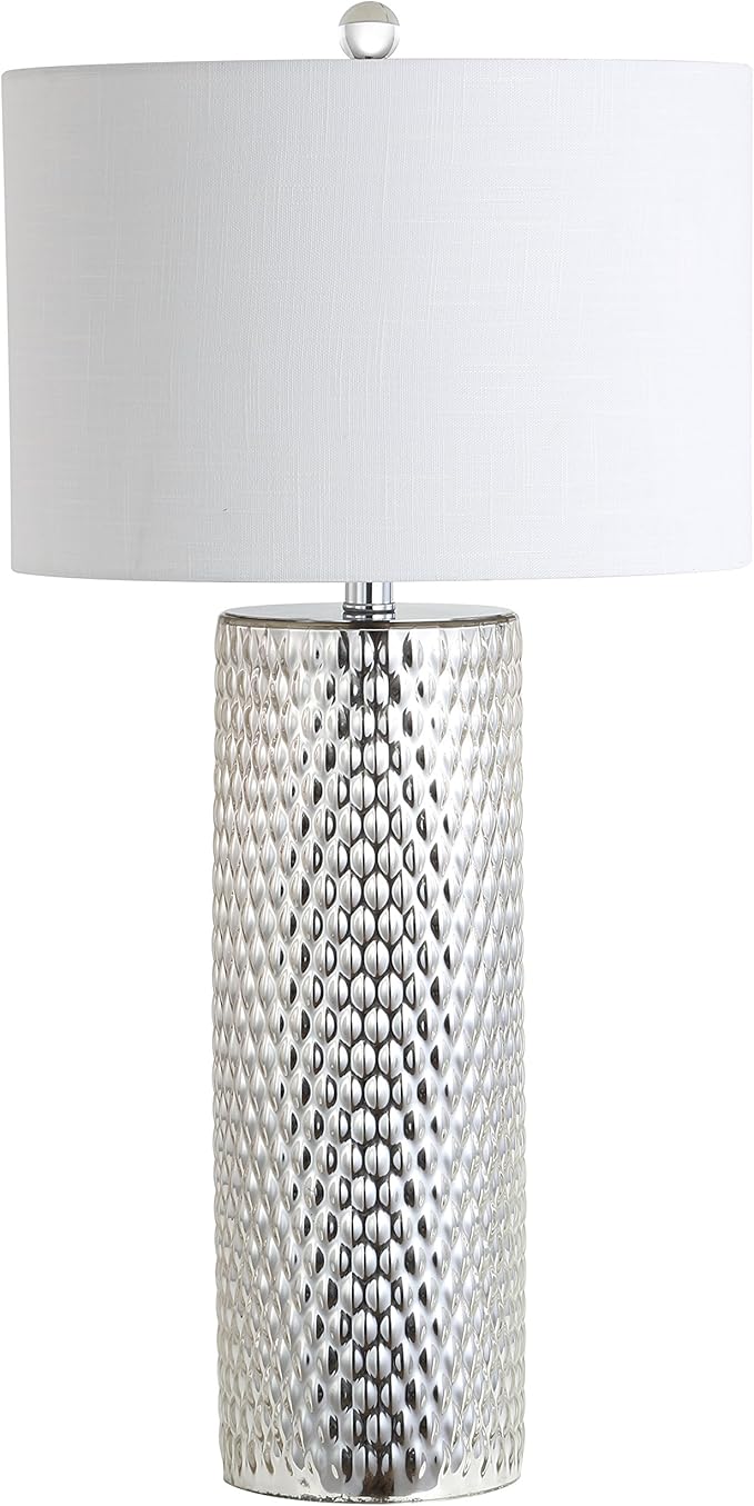 JONATHAN Y 30" Silver Isabella Studded Glass Table Lamp, Contemporary Glam Silver Leaf Base with White Linen Drum Shade for Bedroom Living Room, LED Bulb Included JYL1013A