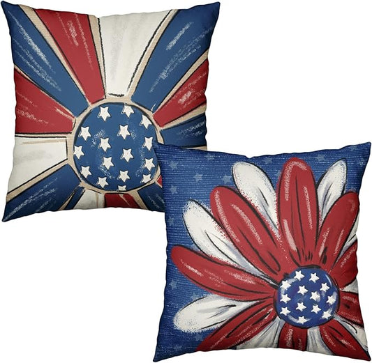 4th of July Outdoor Pillow Covers 20x20 Set of 2 Patriotic Stars Fireworks Throw Pillow Covers Independence Memorial Day Red White Flower Decorative Cushion Cases for Couch Sofa