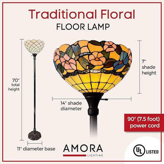 Amora Tiffany Floor Lamp - 70” Hummingbirds Floral Stained Glass Floor Lamp