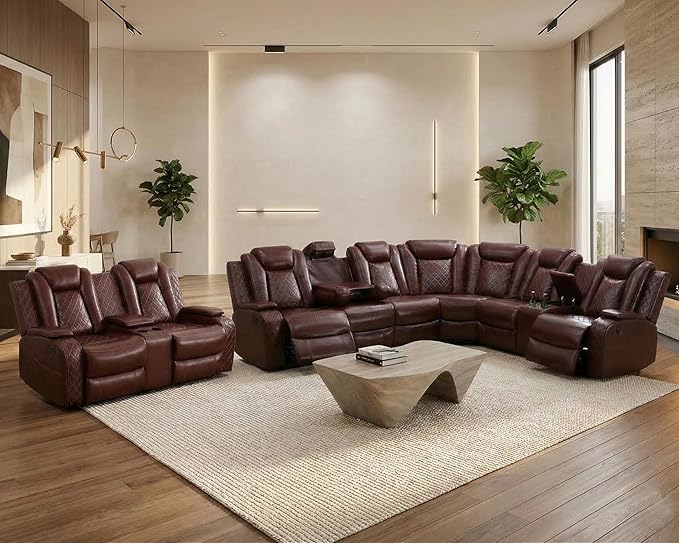 Power Recliner Sectional Sofa with LED, Breathing Leather Reclining Sectional Couch, L Shaped Couch with Dual Recliners, USB Port, Cup Holder&Storage (Garnet, Sectional+Loveseat(8 Seats))