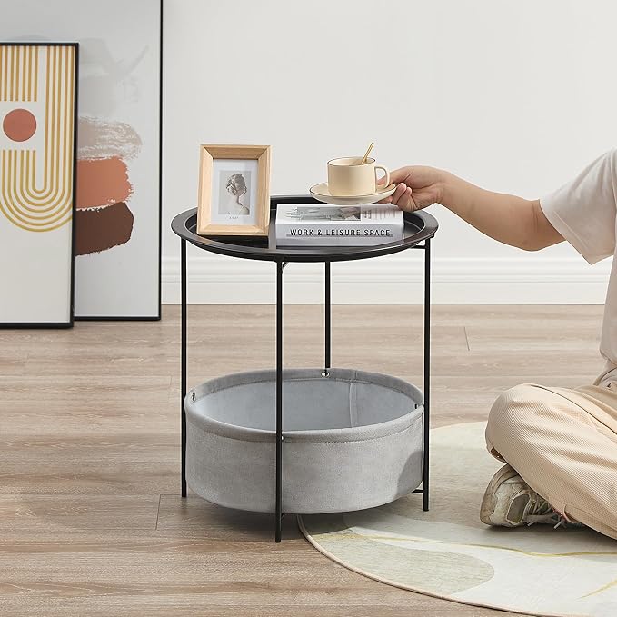 VECELO Round Side/End Table with Fabric Storage Basket，Metal Anti-Rust and Waterproof Small Bedside Nightstand with Removable Tray Top for Living Room，Balcony & Laundry，Black /1pcs with Basket