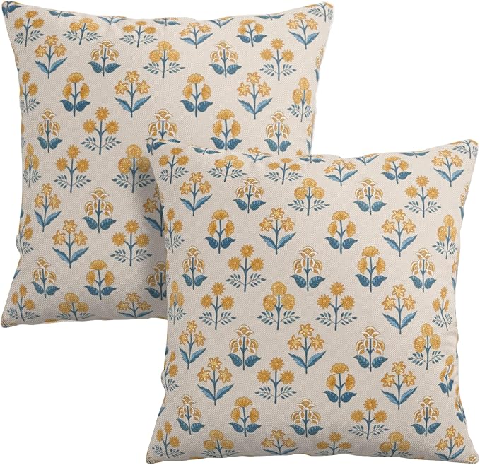 Blue Yellow Block Print Pillow Covers 24x24 Set of 2 Vintage Boho Floral Throw Pillows Case Spring Summer Rustic Outdoor Pillowcases Modern Farmhouse Home Decor for Couch Sofa Living Room