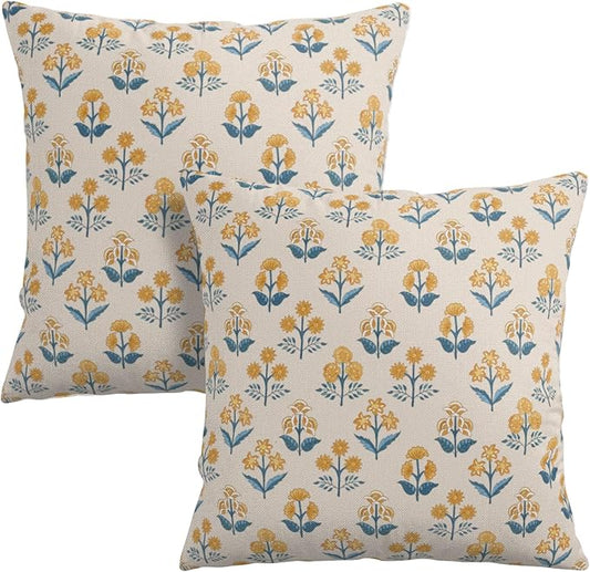 Blue Yellow Block Print Pillow Covers 16x16 Set of 2 Vintage Boho Floral Throw Pillows Case Spring Summer Rustic Outdoor Pillowcases Modern Farmhouse Home Decor for Couch Sofa Living Room