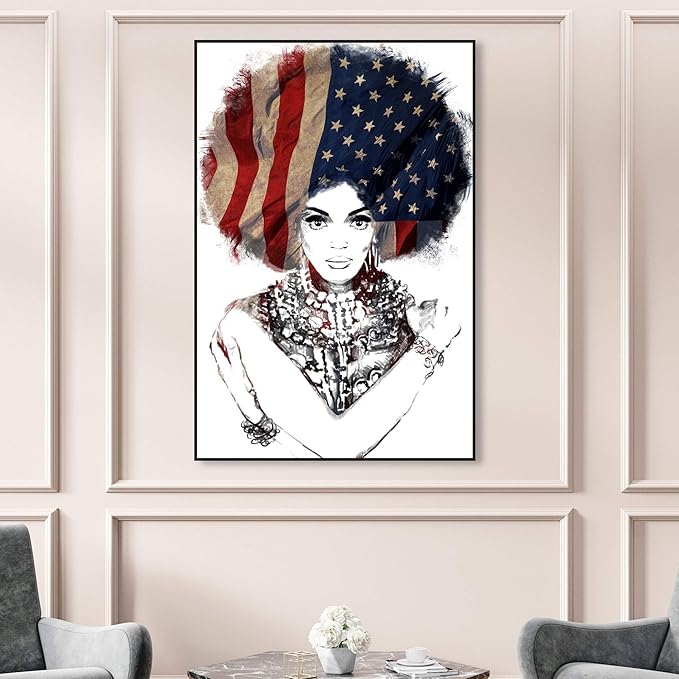 The Oliver Gal Artist Co. People Framed Wall Art Canvas Prints 'New American Woman' Portraits Home Décor, 36"" x 54"", White, Black