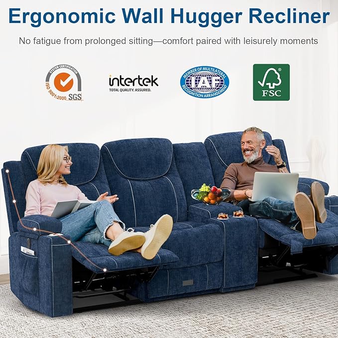 Dresegmt Recliner Sofa, 2 - Way Multi - Function Manual 3 Seater Couch with Cup Holders, Storage & USB Ports, Modern Multifunctional Sofa, Cloud-Like Blue Fabric Reclining Couch for Living Room