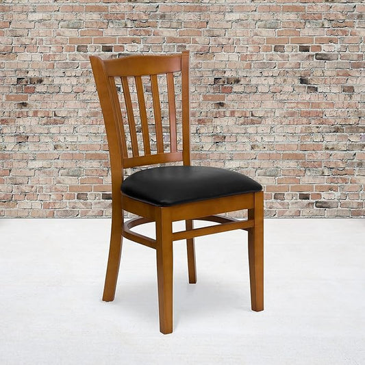 Flash Furniture 2 Pk. HERCULES Series Vertical Slat Back Cherry Wood Restaurant Chair - Black Vinyl Seat