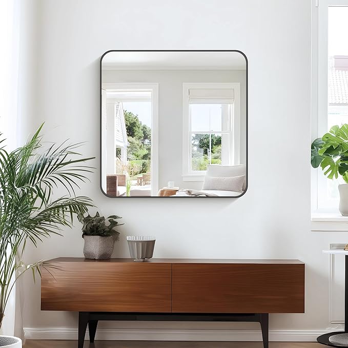 KOCUUY Bathroom Mirror 30"x30", Black Square Mirrors for Over Sink, Modern Vanity Mirror with Rounded Corner Metal Frame, Shatterproof Designed Wall Mirror for Bedroom, Living Room, Entryway