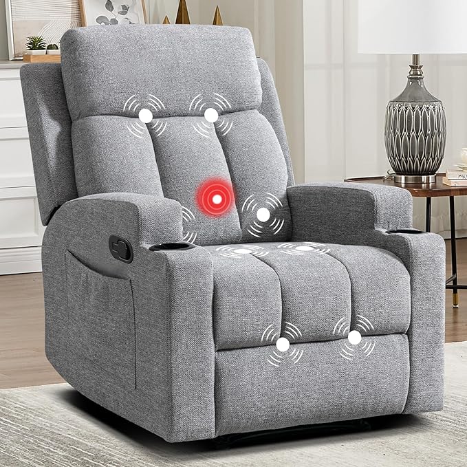 CANMOV Manual Massage Heat Recliner Chair Set of 3,Soft Fabric Recliner Chair with Overstuffed Arm and Back, Manual Reclining Single Sofa with 2 Cup Holders, Side Pocket for Living Room,Light Grey