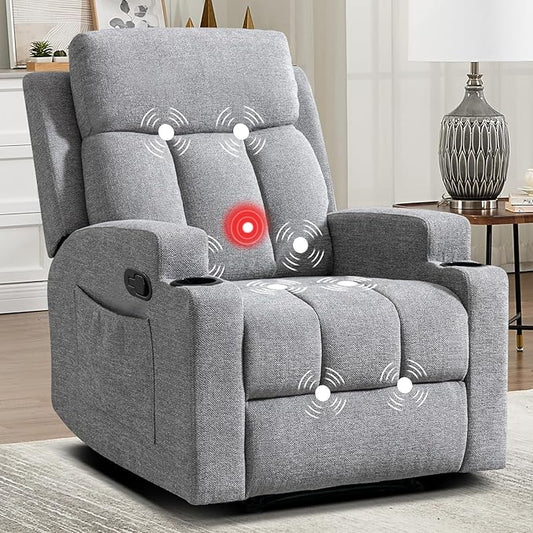 CANMOV Manual Recliner Chair with Massage & Heat,Soft Fabric Recliner Chair with Overstuffed Armrest & Backrest, Manual Reclining Single Sofa with 2 Cup Holders, Side Pocket for Living Room,Light Grey