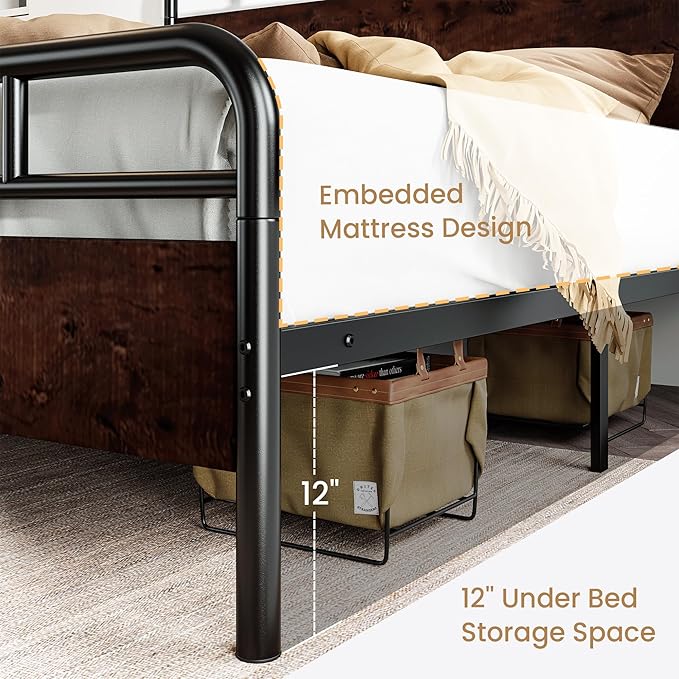 SHA CERLIN Queen Size Bed Frame with Wooden Headboard and Footboard, Rounded Corner Metal Structure, Heavy Duty Slats with Under-Bed Storage, No Box Spring Needed, Mahogany