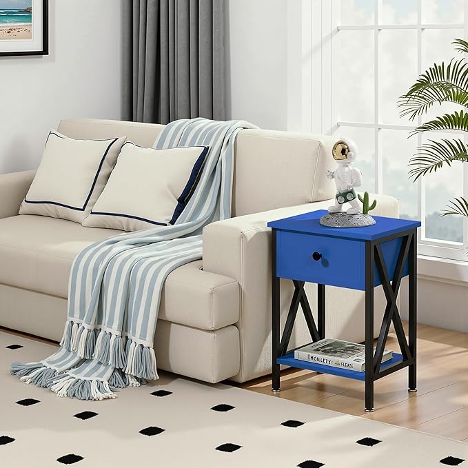 VECELO Nightstands, Modern Bedside End Tables Set of 2, Night Stand with Drawer and Storage Shelf for Living Room Bedroom, Industrial Metal Frame