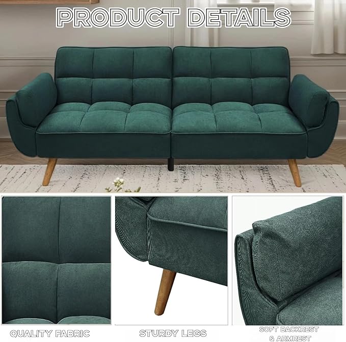 Convertible Futon Sofa Bed, Modern Futon Couch with 2 Pillows, Small Futons Couch with Adjustable Armrest & Backrest, Loveseat Sofa Bed for Living Room, Bedroom, Green