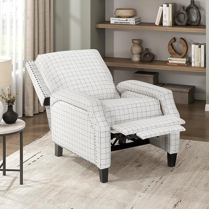 Lexicon Pushback Recliner Chair, Plaid Textured Fabric Armchair Push Back Reclining Chair, Nailhead Trim, Solid Wood Legs, Easy Assembly for Living Room/Office/Apartment, Off-White
