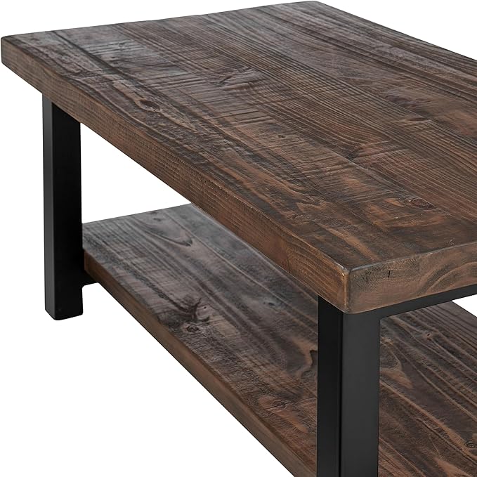 Alaterre Furniture Pomona Living Room Collection – 42 Inch Rectangular Solid Wood Coffee Table with Storage Shelf & Metal Legs – Rustic Industrial Farmhouse Living Room Table (Rustic Brown)