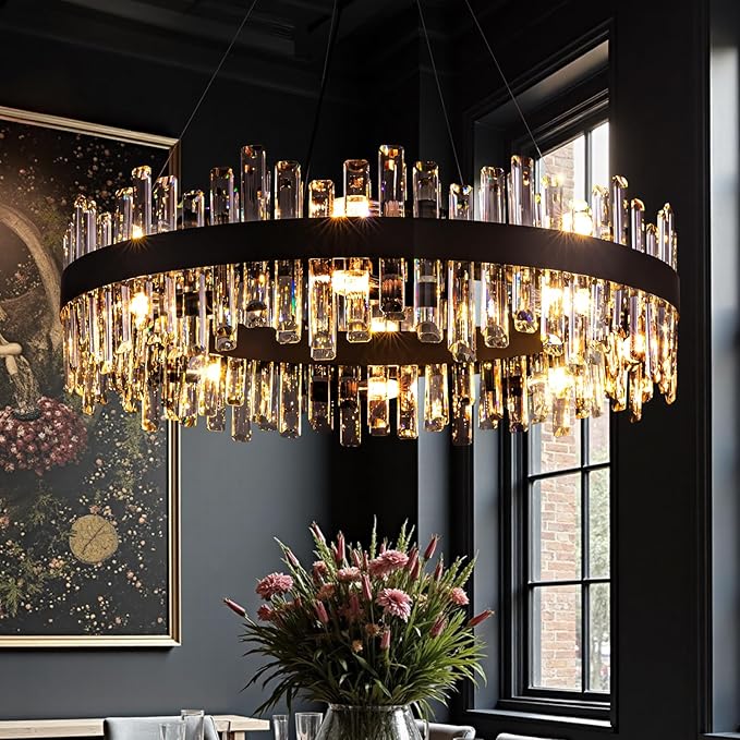Modern Crystal Chandelier for Dining Room,16-Light Black Round Chandelier, 31.5-inch K9 Crystal Raindrop Ceiling Light, Luxury Flush Mount Light Fixture for Kitchen Living Room