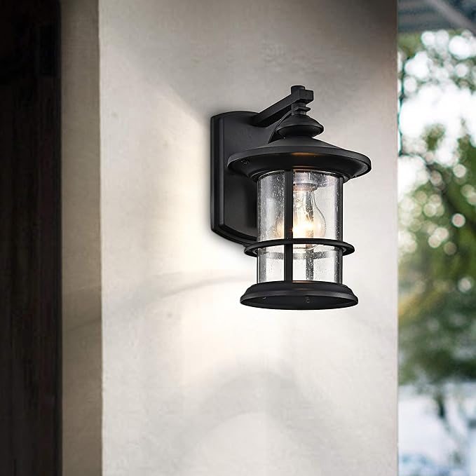 MICSIU 100W Max Modern Industrial Outdoor Sconce Lantern, 10 Inch Textured Black Metal Exterior Wall Light with Clear Seedy Glass, Anti-Rust Outside Lighting for Entryway, Garage, or Bathroom