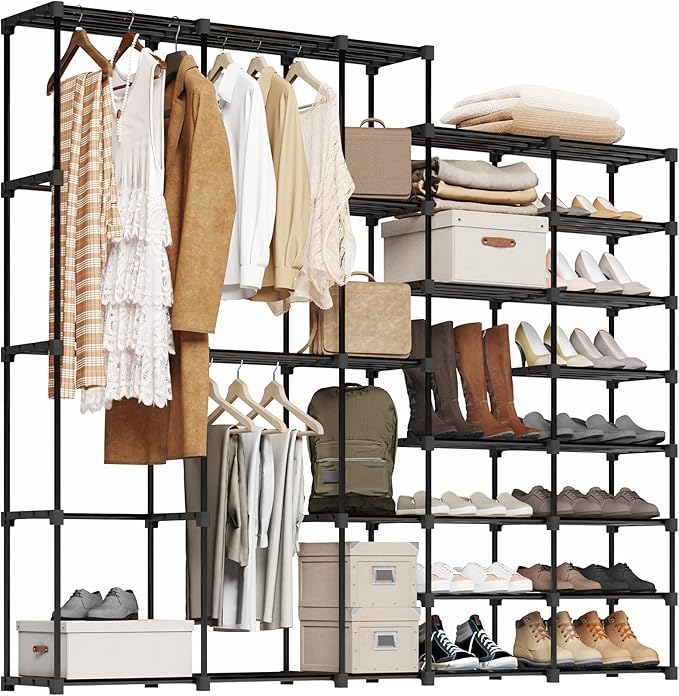 Portable Closet Wardrobe Clothes Rack with Shelves Freestanding Closet Organizer with Shoe Rack for Hanging Clothes 77.4x11.8x66 Inches for Bedroom Living Room with Rubber Hammer Black