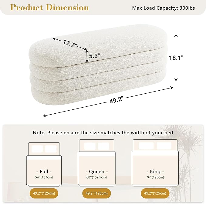 Boucle Storage Ottoman Bench for Bedroom 49.2 Inch Upholstered Modern Bedroom Bench with Storage Oval Large End of Bed Bench with Storage for Living Room, Entryway(Ivory)