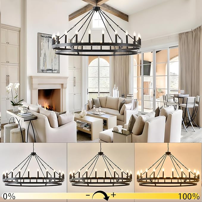53 inch Large Black Wagon Wheel Chandelier,Farmhouse Industrial Country Style Round Pendant Light Fixture,Round Ceiling Light fixtures for Outdoor Porch high Ceilings Living Foyer Entryway