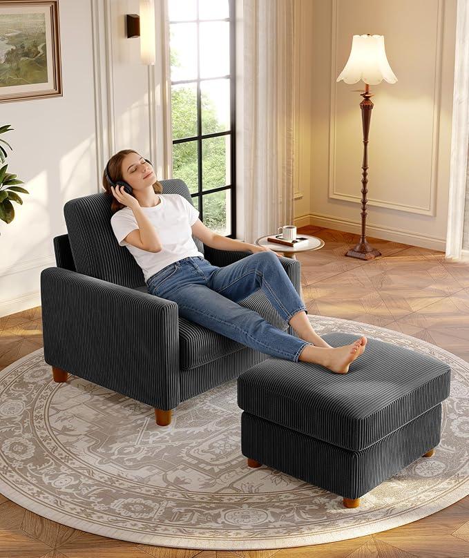 Welzona 25.2" Couches for Living Room, Comfy Grey Ottoman with Storage, Foot Rest Tool-Free Setup, Small Ottoman Foot Rest for Couch, Corduroy Couch for Bedroom, Apartment, Office