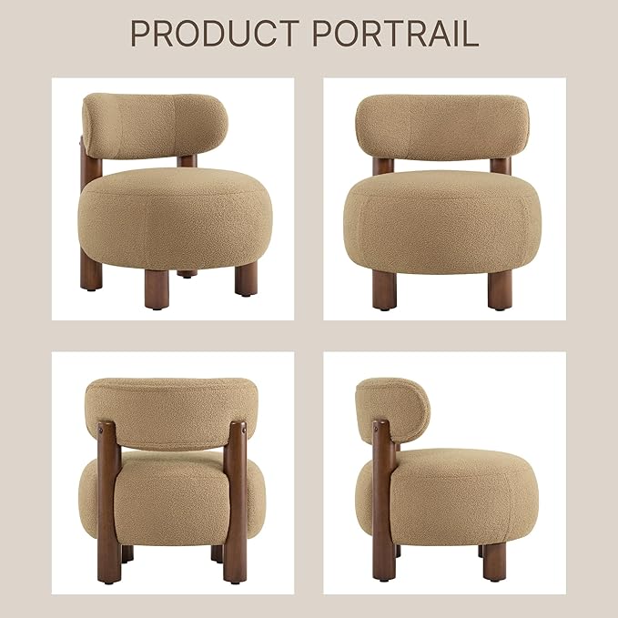 Modern Boucle Accent Chair, with Plush Faux Sherpa Upholstery, Curved Backrest, Solid Wood Legs for Living Room Bedroom Reading Nook, 27.5", Camel