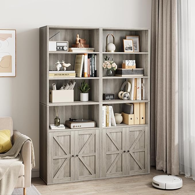CABIHOME Farmhouse Bookcase with Doors 71.4in Tall Bookshelf 11.8in Depth Display Storage Shelves Industrial Bookcases Wooden 6 Shelf Bookshelves for Bedroom, Living Room, Home Office