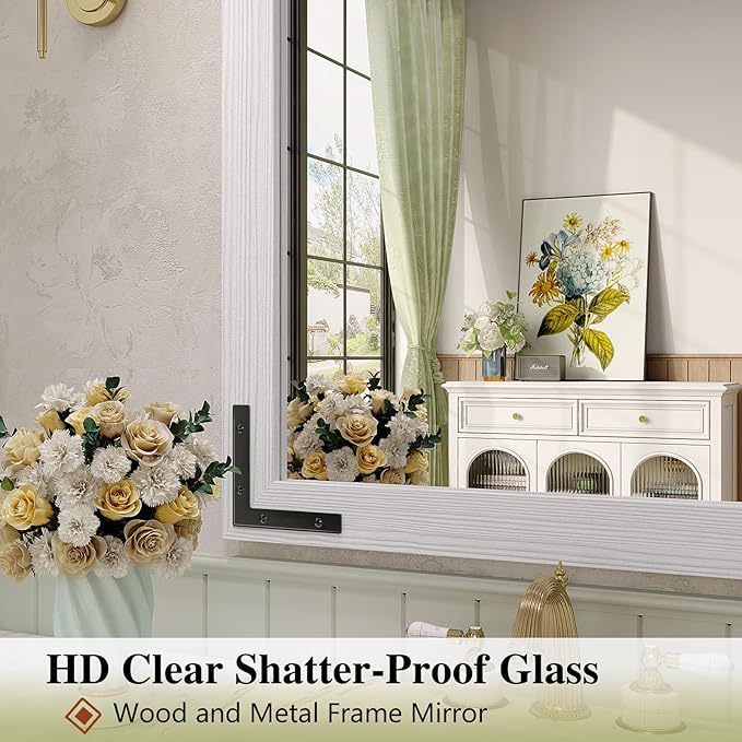 Farmhouse Bathroom Mirror, 24x36 Inch White Vanity Mirror for Wall, Wood Framed Rustic Mirror Rectangular Wall Decor Mirrors for Entryway Living Room Bedroom