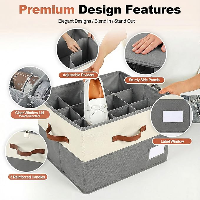 Shoe Organizer for Closet, Foldable Shoe Rack with Clear Cover, Adjustable Dividers for 16 Pairs, Storage Cubby for Wardrobe, Beige & Grey