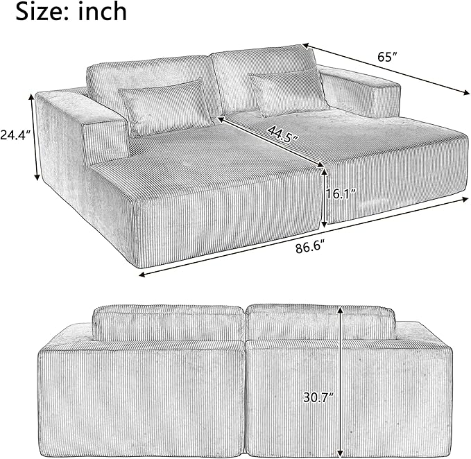 86-Inch Fluffy Corduroy Boneless Sleeper Daybed Loveseat Double Recliner Chaise Lounge Sofa Couches, Floor Cloud Sofa Chaise W/4 Pillows for Home Apartment Living Room