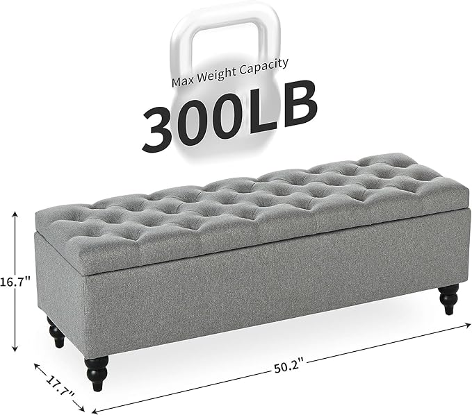 Storage Ottoman Bench 50.2 Inches, Upholstered End of Bed Ottoman Bench with Storage and Seating, Large Blanket Bench for Foot Rest in Bedroom, Living Room, Entryway (Grey)